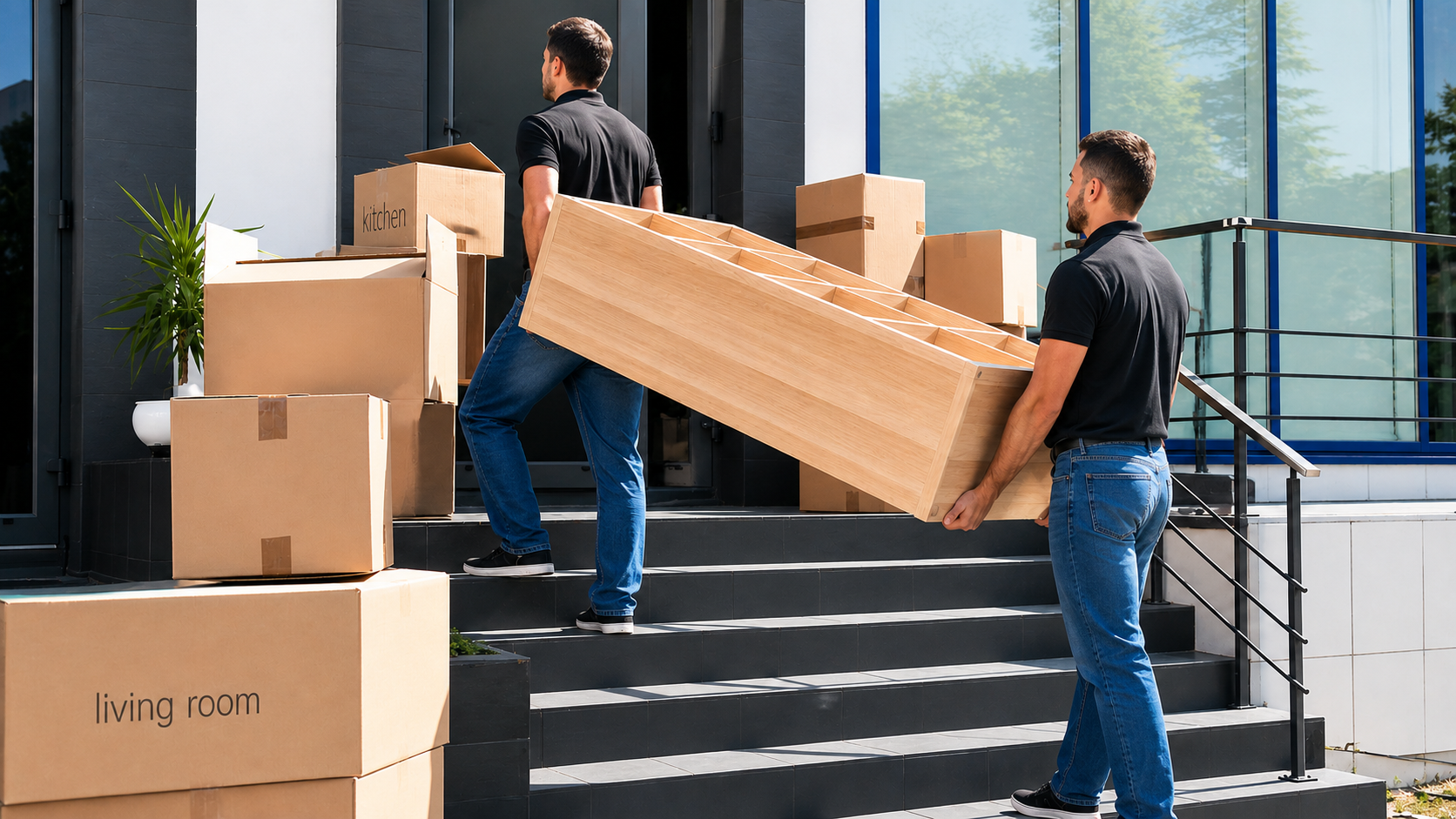 Furniture delivery and assembly team carrying items